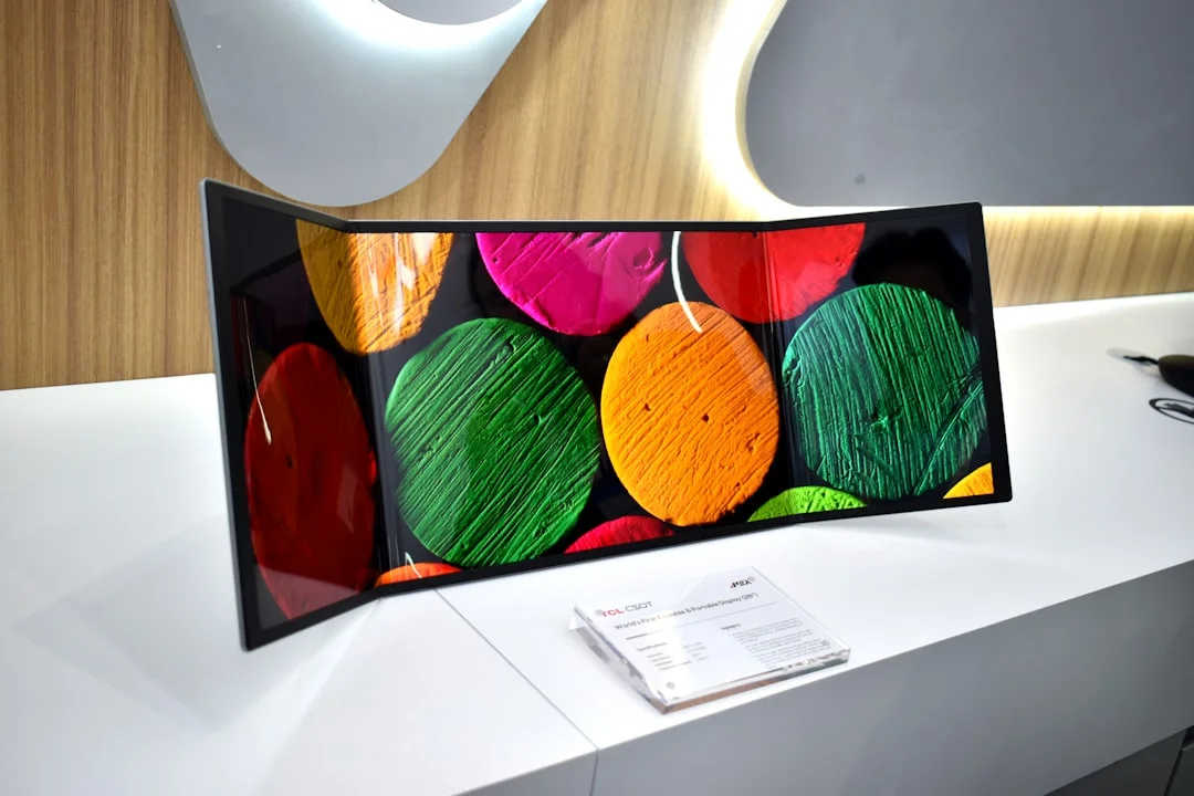 Curved screen displaying colorful abstract shapes