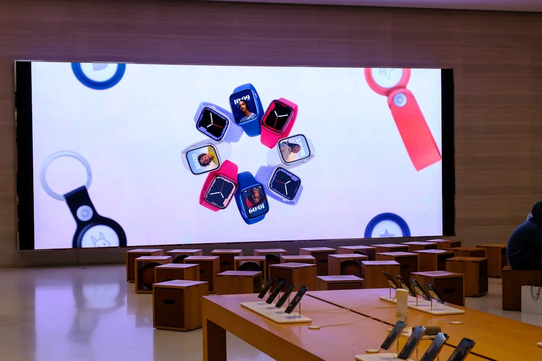 Smartwatches displayed on a large screen